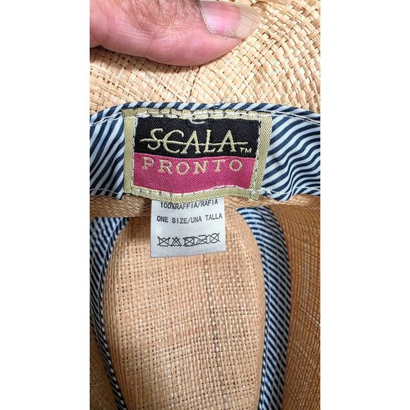 Scala Pronto Women's Natural Woven Straw Fedora Black Band & Blue Stone Accents - Picture 7 of 8